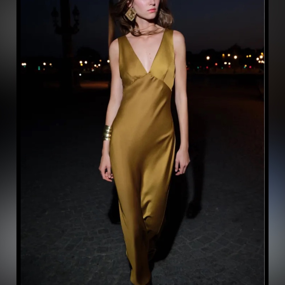 NWT Zara Olive Green Satin Maxi Dress